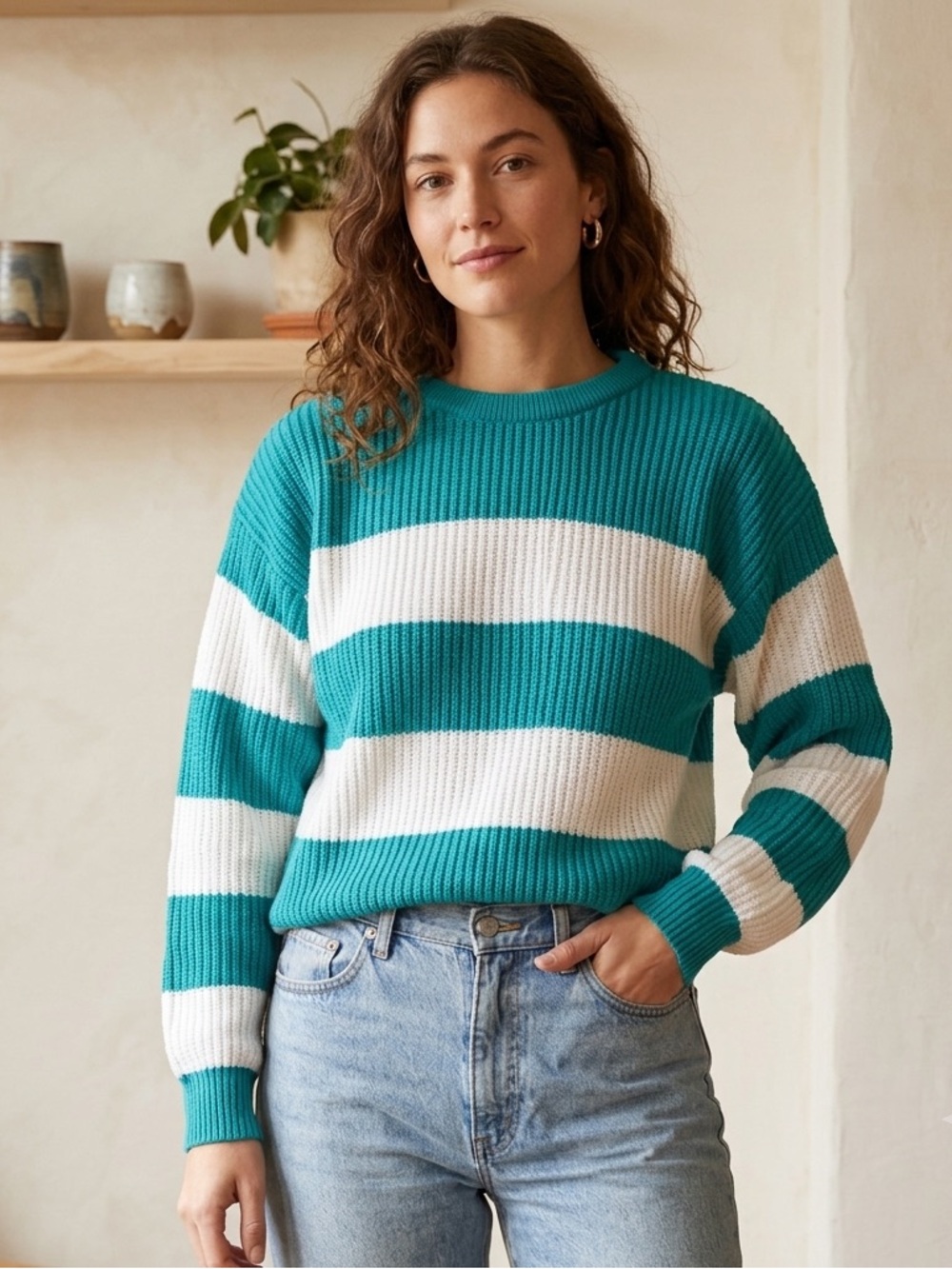 Vintage 80’s 90’s teal and white striped Crewneck sweater, oversized size small